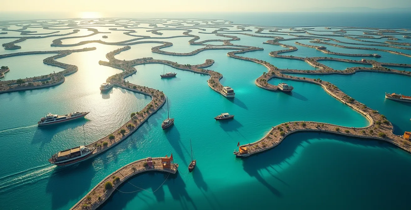 Vue aérienne des canaux navigables d'Empuriabrava montrant le réseau complexe de voies d'eau