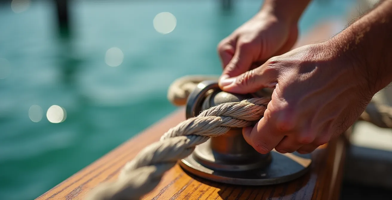 Gros plan sur les mains d'un propriétaire vérifiant les amarres de son bateau