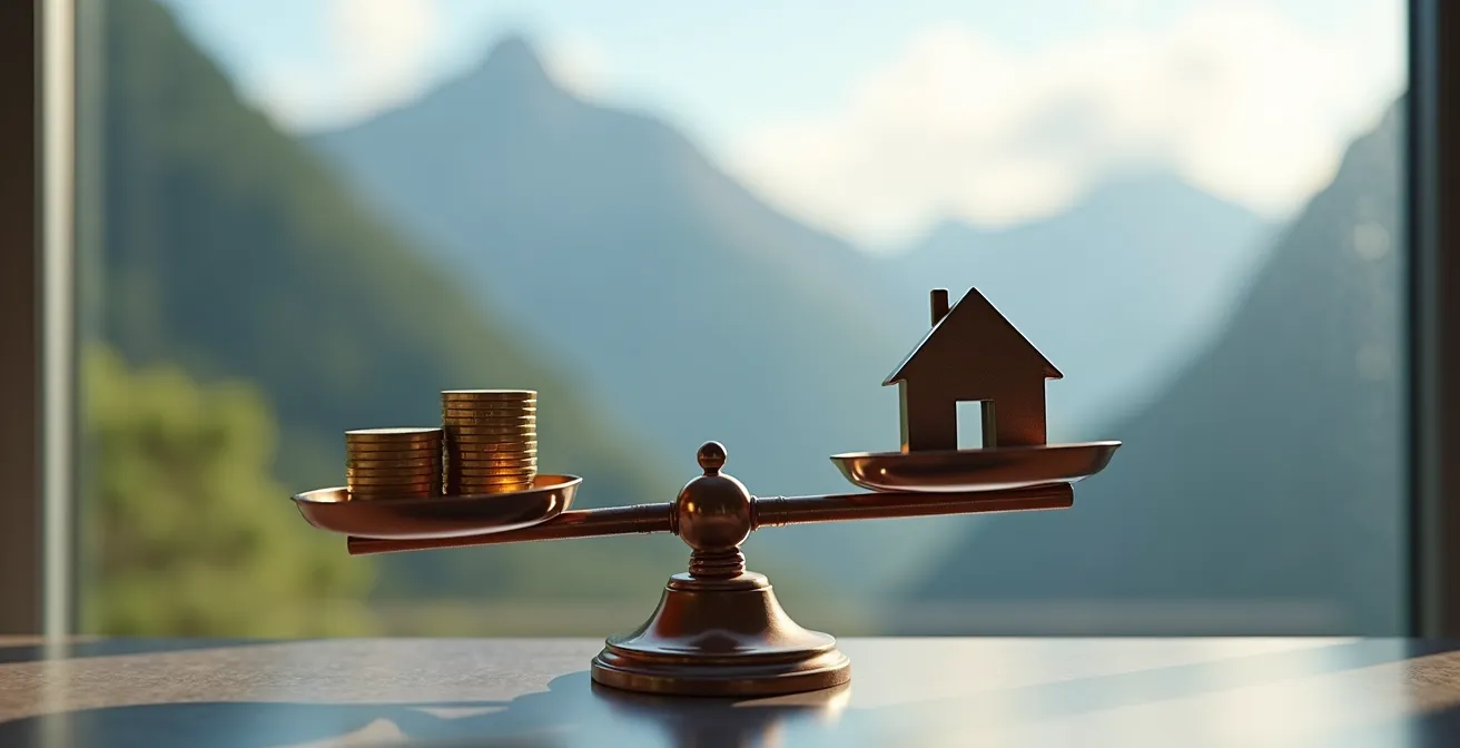 Gros plan sur une balance ancienne en cuivre avec pièces d'or d'un côté et clés modernes de l'autre, arrière-plan montagnard flou