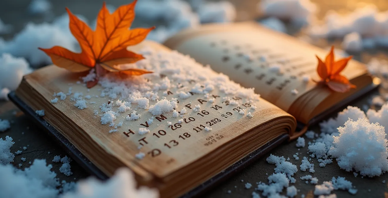 Vue macro d'un calendrier en bois sculpté avec cristaux de neige et feuilles d'automne entremêlés