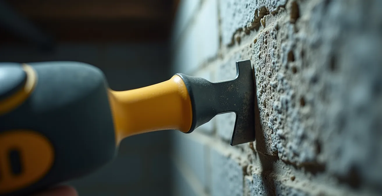 Expert inspectant les fondations d'une maison avec équipement professionnel