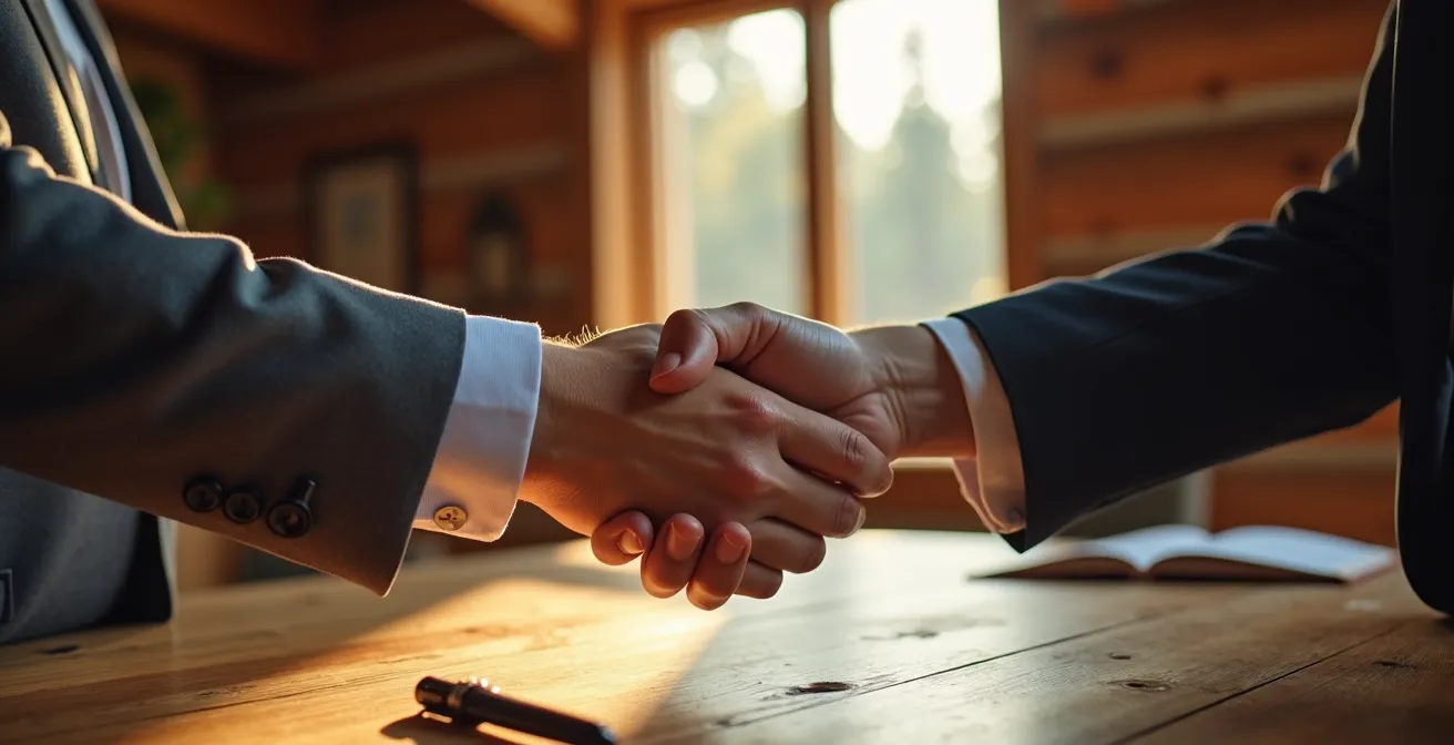 Mains entrecroisées au-dessus d'une table en bois massif avec stylo plume, lumière dorée traversant une fenêtre
