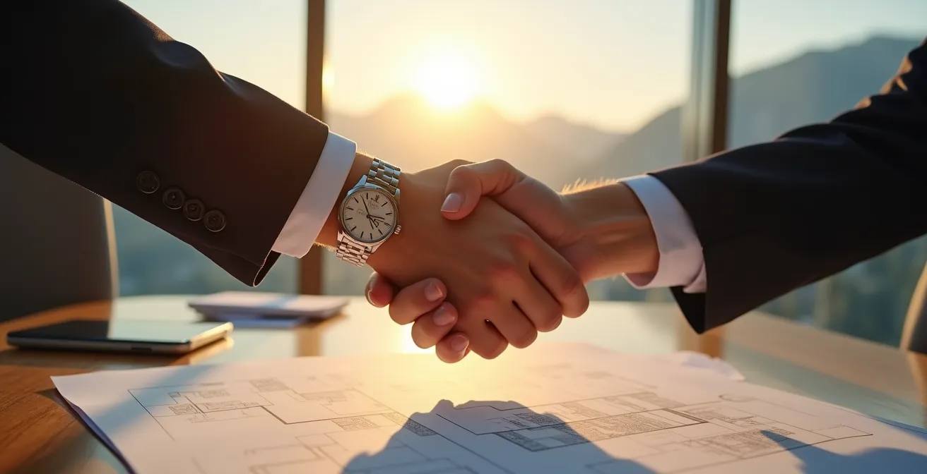 Poignée de main entre agent et client avec atmosphère professionnelle