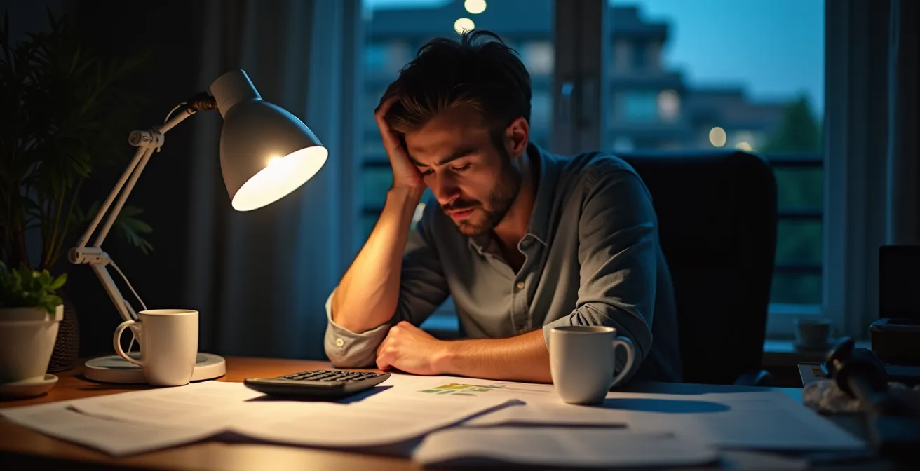 Propriétaire stressé entouré de documents financiers et calculatrice