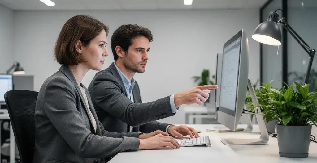 Conseiller immobilier expliquant un document à un client dans un bureau moderne