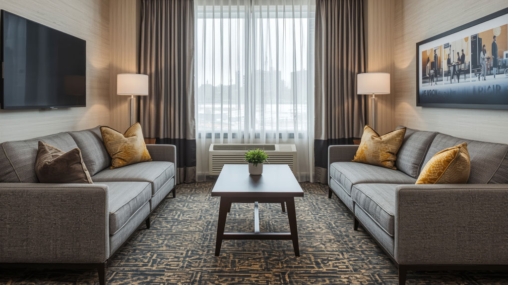 Salon lumineux d'un appartement 2 pièces à Monaco avec vue sur la Méditerranée