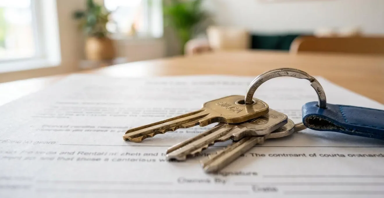 Gros plan de clés de maison posées sur un contrat de location saisonnière, surface moderne claire, profondeur de champ réduite