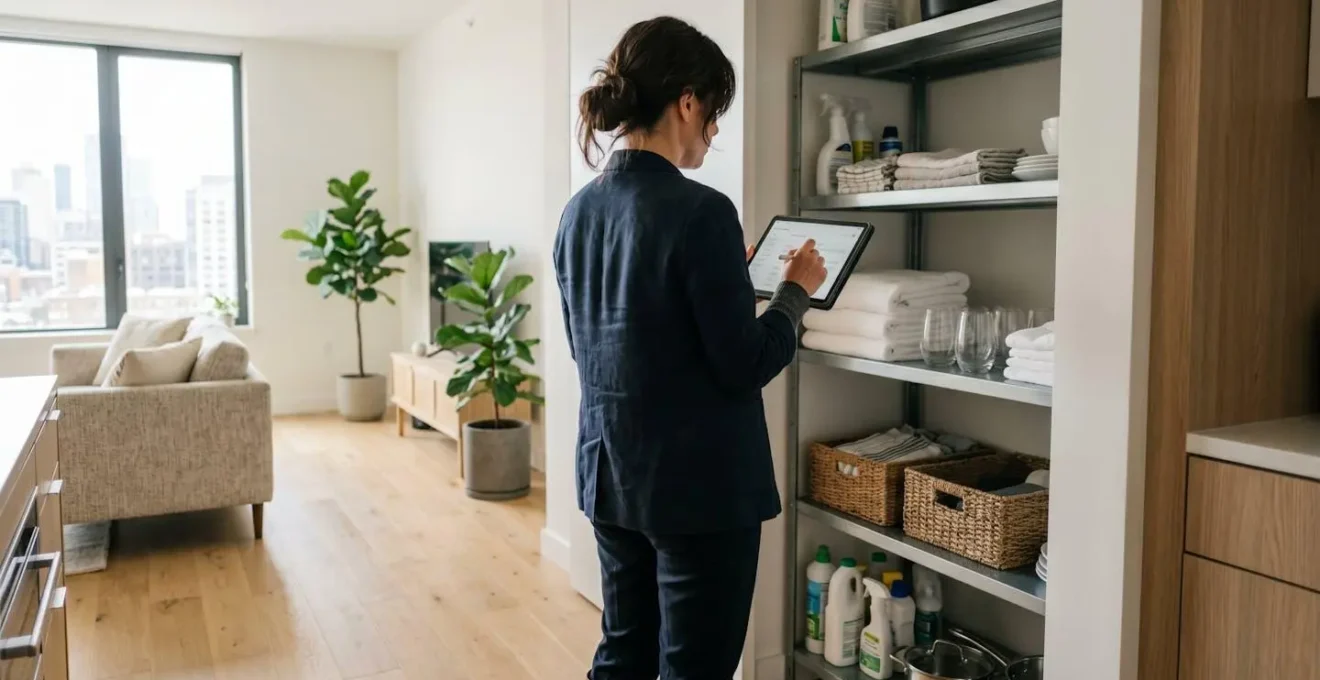 Gestionnaire professionnel vérifiant un inventaire dans une villa moderne, vu de dos, tablette en main, tenue décontractée