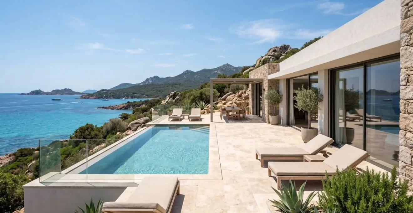 Vue extérieure d'une villa moderne en Corse du Sud avec terrasse aménagée et vue panoramique sur la mer Méditerranée