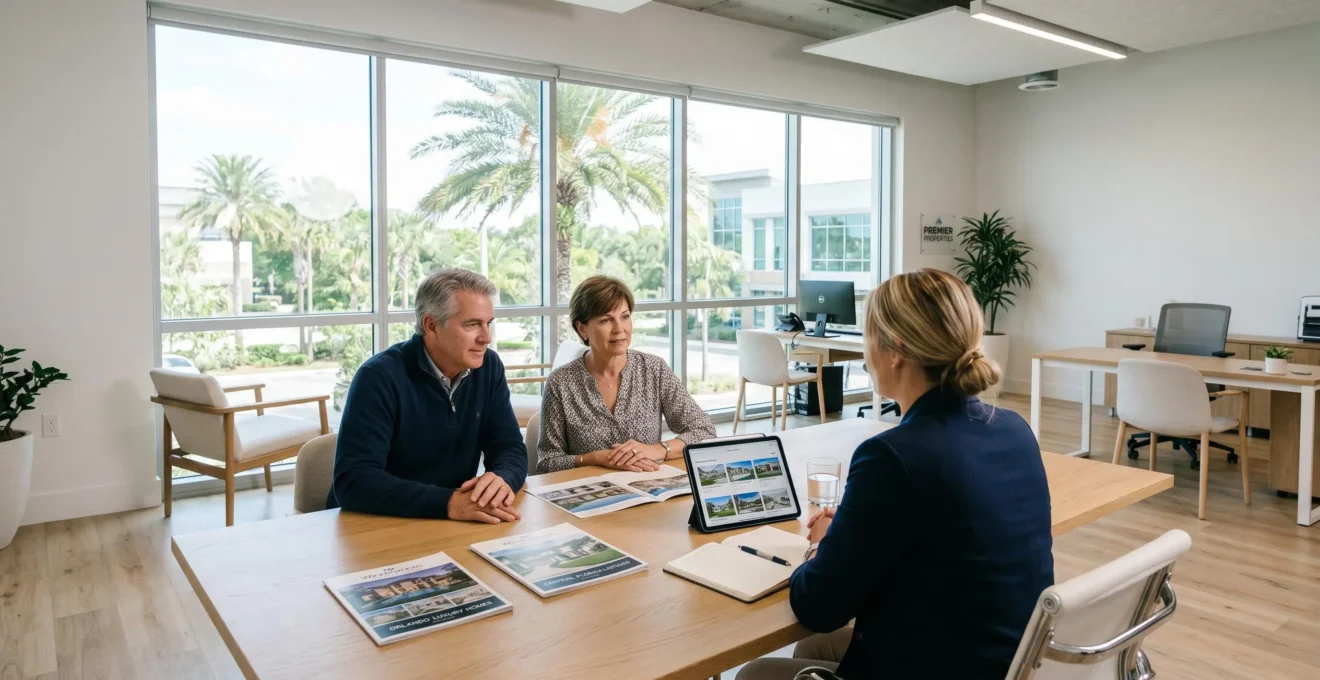 Couple d'investisseurs en consultation avec un agent immobilier dans une agence moderne d'Orlando, brochures de propriétés et tablette sur la table, grandes baies vitrées montrant palmiers en arrière-plan