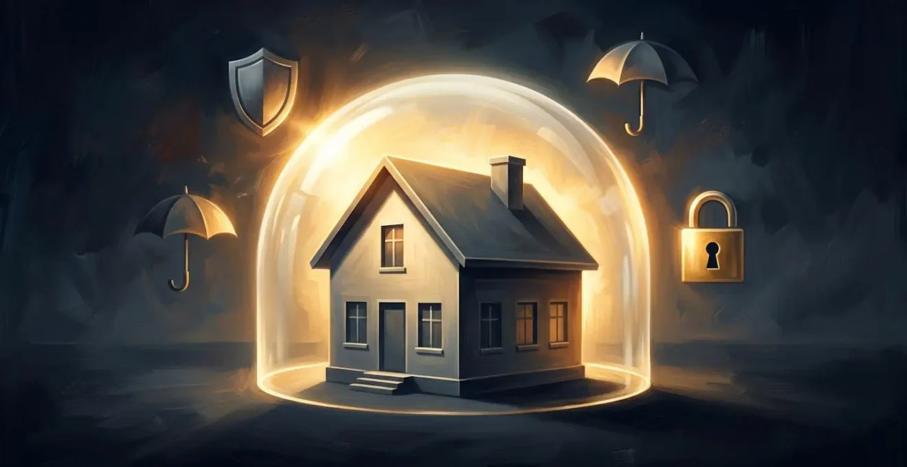 Une maison protégée par un dôme lumineux symbolisant les garanties de gestion locative.