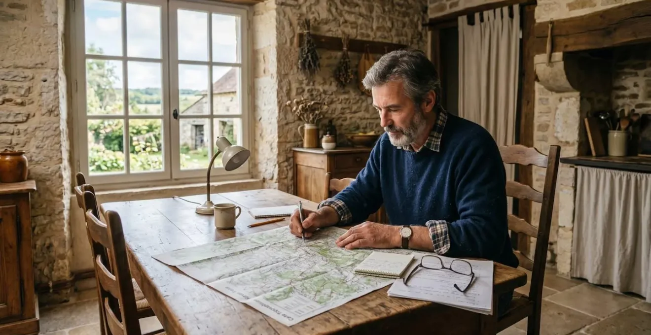 Propriétaire étudiant une carte du marché immobilier local en Corrèze