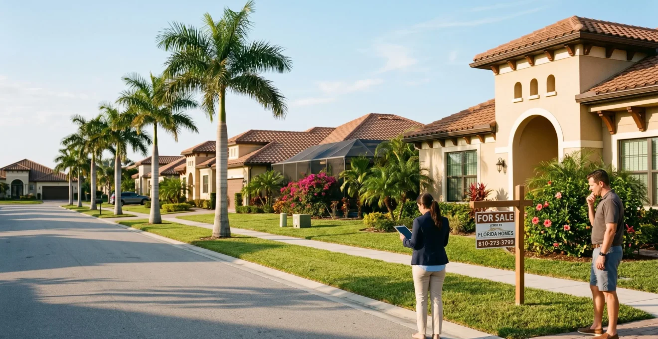 Rue résidentielle en Floride avec villas contemporaines à l'architecture subtropicale, panneau 'For Sale' au premier plan et agent immobilier consultant une tablette devant une propriété, lumière dorée d'après-midi et palmiers